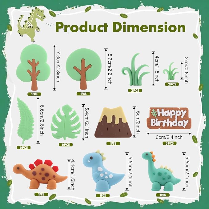 25PCS Dinosaur Cake Topper, Leaves Trees Cake Decorations Birthday Cake for Dinosaur, Jungle Safari Themed Birthday Decorations Supplies