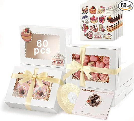 OAMCEG 60 Pack Cookie Boxes with Window, 8x6x2.5 Inch Bakery Treat Boxes for Christmas Holiday Gift Giving, Desserts, Donuts, Pastries-White