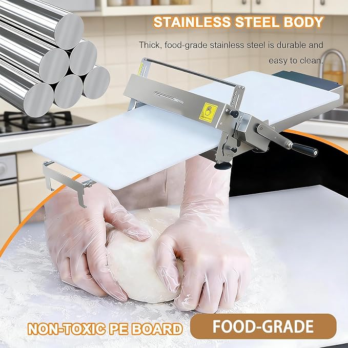 Manual Folding Dough Sheeter for Home & Commercial Use, 12"/15.5" Stainless Steel Dough Roller with 55 Thickness Options, Adjustable 0-25mm, Suitable for Pizza, Croissants, Puff Pastry