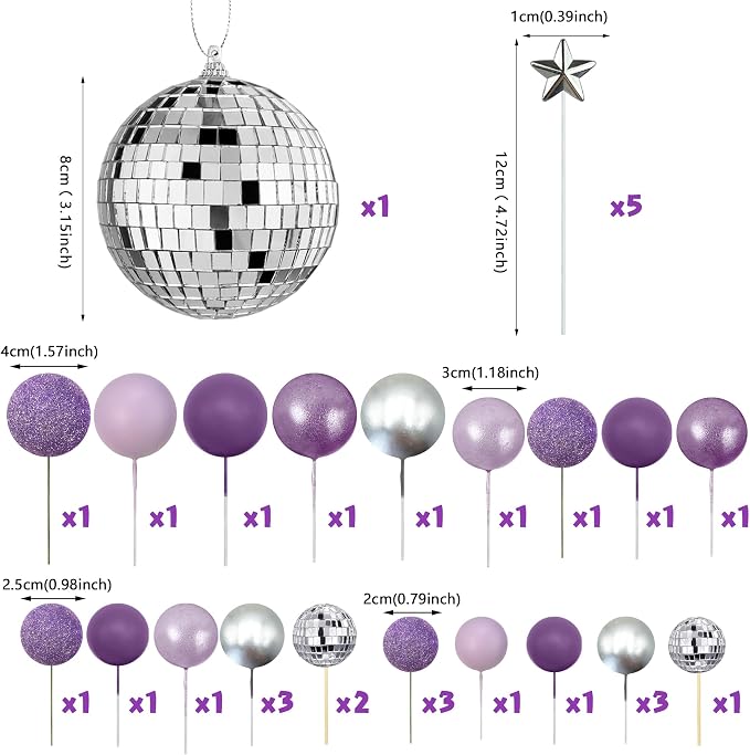 32PCS Disco Purple Ball Cake Topper Decoration for Wedding Birthday Baby Shower Party Cake Decoration Supplies