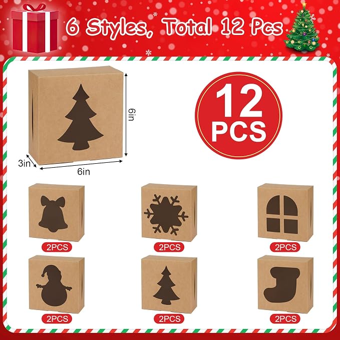 12 PCS Christmas Cookie Boxes, 6×6×3 Inches Treat Boxes Tin, Small Pastry Boxes with Window, for Gift Giving Packaging Dessert Bakery Cupcake Baked Goods (Brown)