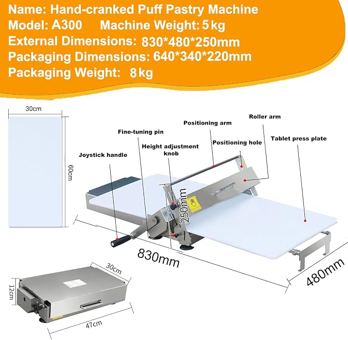 Folding Dough Sheeter, Compact Dough Sheeter, Manual Dough Roller Machine,Sheeter Thickness Adjustable 0.2-25mm,Stainless Steel Dough Machine, for Bread Marzipan and Puff Pastry A300