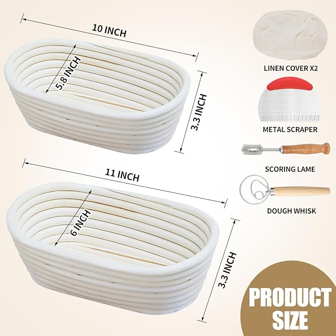 Banneton Bread Proofing Basket, Sourdough Bread Baking Supplies, Oval Rattan Rising Proofing Baskets Bowls Set of 2, Artisan Sourdough Bread Gifts for Home Bakers