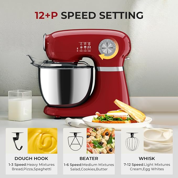 Stand Mixer,12 Speed Tilt-Head Electric Mixer With 5.3 Quart Stainless Steel Mixing Bowl, Portable Kitchen Mixer With Whisk, Dough Hook, Beater & Baking Spatula, Red