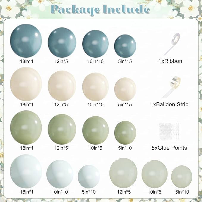 Sage Green Dusty Blue Balloon Arch Kit 124Pcs blue Green Light Green Sand White Balloons for Baby Shower Bridal Shower Anniversary Birthday Party Decorations