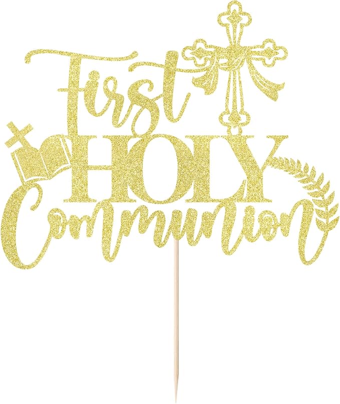 Gold glitter First Holy Communion Cake Topper-Suitable for Ramadan, Baptism, Religious Baptism,Baby Shower, God Bless, Communion Party, Wedding, Communion Party Decoration Supplies