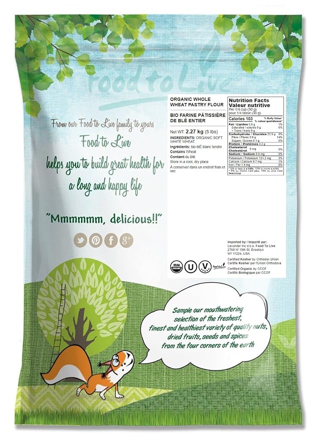 Food to Live - Organic Whole Wheat Pastry Flour, 5 Pounds - Non-GMO, Finely Ground, Unbleached, Unbromated, Vegan, Kosher, All Natural, No Preservatives