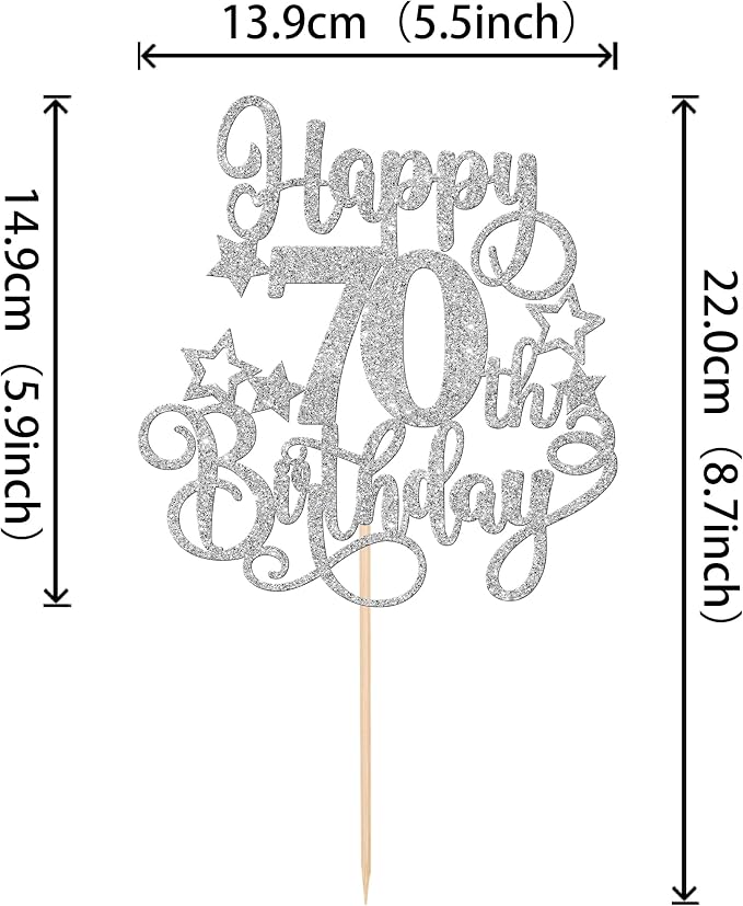 1 PCS Happy 70th Birthday Cake Topper Glitter Cheers to 70 Years Birthday Cake Pick Hello 70 Fabulous Cake Decoration for Happy 70th Birthday Anniversary Party Decorations Supplies Silver