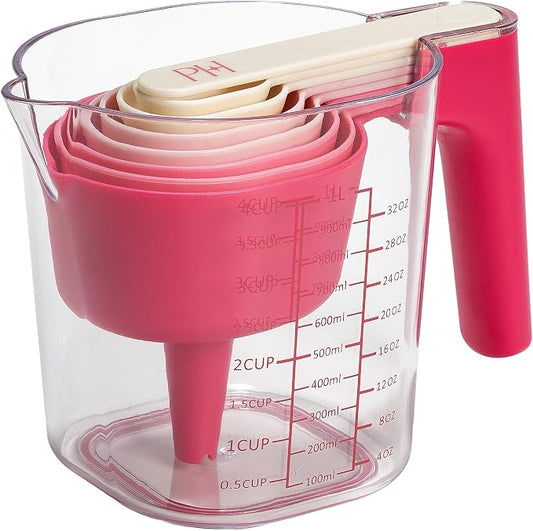 Paris Hilton 9-Piece Measuring Set, Durable Plastic Measuring Cups and Spoons With Funnel and Leveler, Dishwasher Safe, Pink