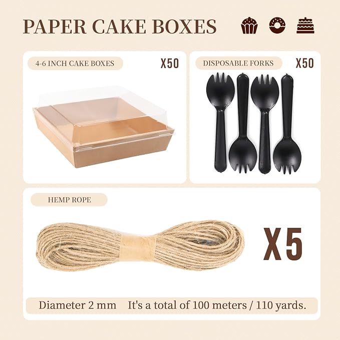 7 x 7 x 2.6 Inches Large Charcuterie Boxes with Clear Lids, 50 Pack Disposable Square Brown Bakery Boxes, To Go Paper Food Container for Cake Slices, Sandwiches, Cookies, Dessert