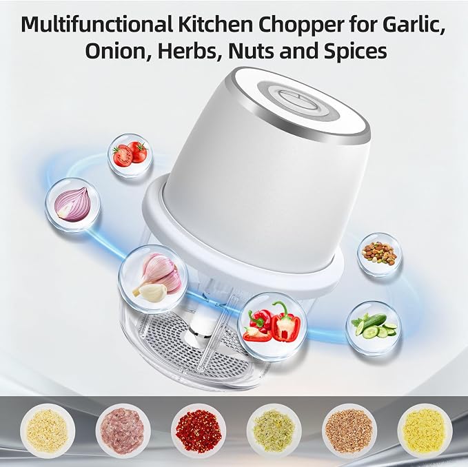 Electric Mini Garlic Chopper, Mini Food Chopper & 350ml Portable Cordless USB Rechargeable Garlic Chopper, Best Mini Chopper for Onion, Herb, Nut, Easy to Clean Glass Container （White)