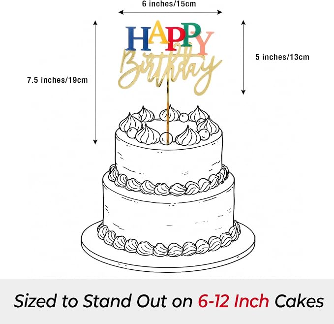 Acrylic Birthday Cake Topper, 7.5" x 6" Happy Birthday Sign for Cake (Gold & Rainbow)