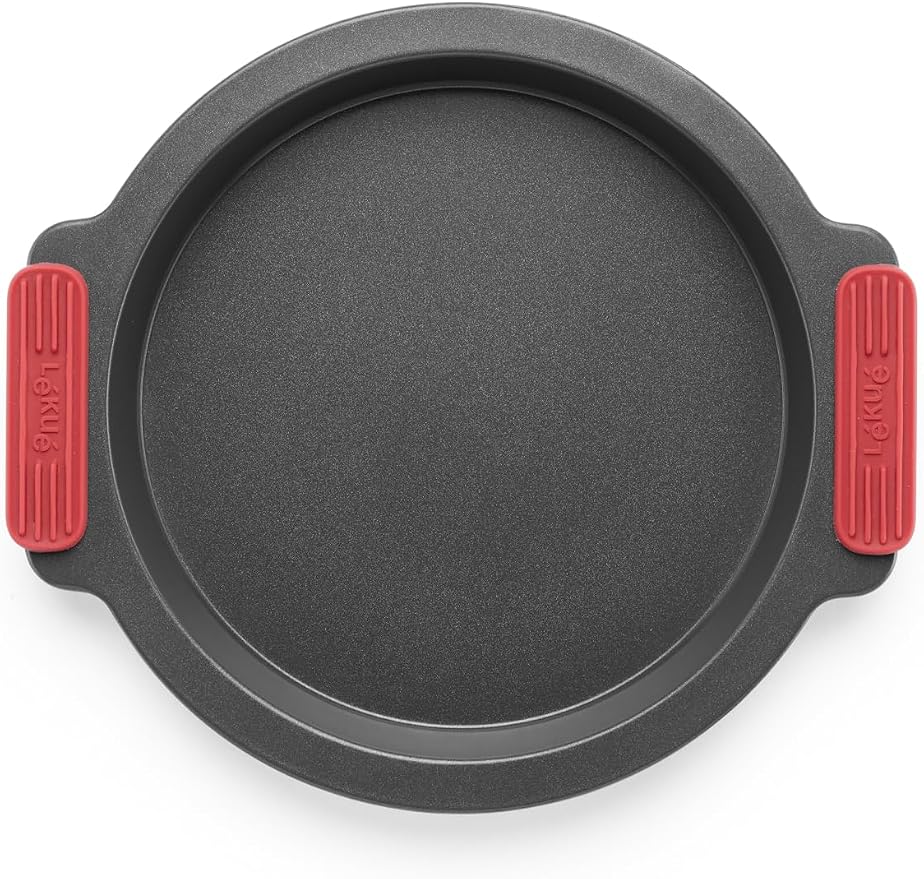 Lékué Non-Stick Round Cake Mold - Carbon Steel Oven Baking Pan with Platinum Silicone Handles, Even Heat, Dual Non-Stick Ceramic Coating, Scratch Resistant, PFOA & PFA-Free, 11.6 x 10.4 x 1.7"