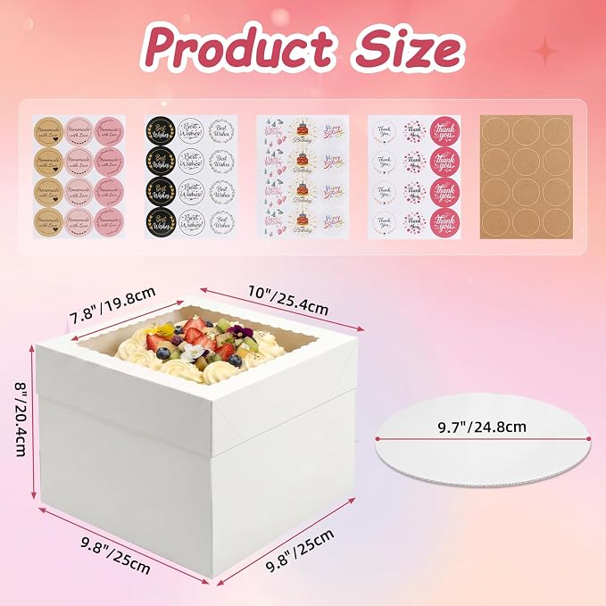 CRUGLA 15 Pack 10x10x8 Cake Boxes with Cake Boards, White Bakery Window Boxes, Tall Dessert Carrier for Birthdays, Weddings & Bake Sales