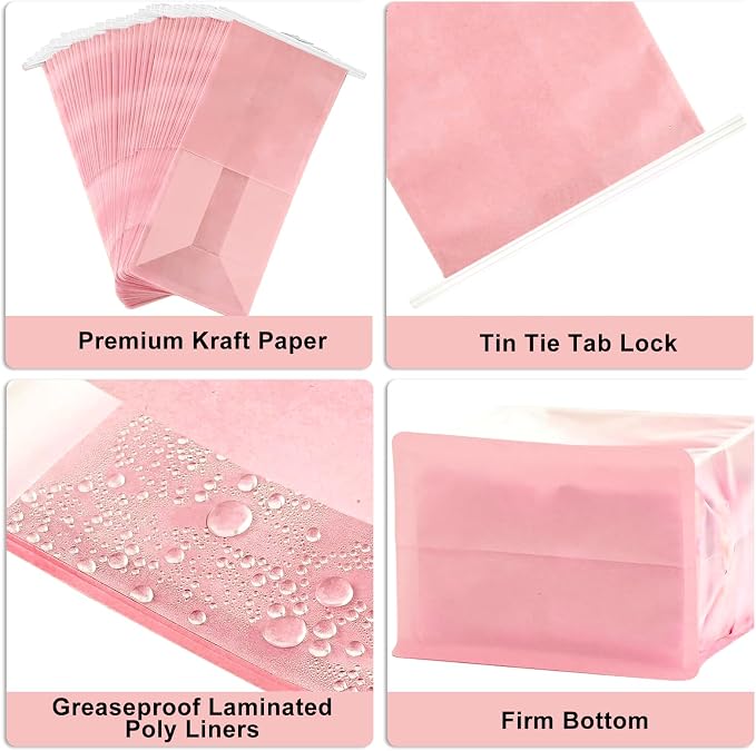 50 Pack Bakery Bags with Window - Reusable Cookie Bags With Seal Can Stand Upright Cookie Packaging Bag With Tin Tie Tab Lock Kraft Paper Bread Bags For Pastry,Donuts,Popcorns,Snacks