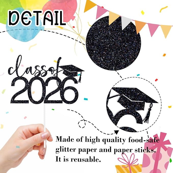 Class of 2026 Cake Topper, Congrats 2026 Cake Décor, Congrats Grad, Happy Graduation, High School/Senior/University Graduation Party Decorations Black Glitter