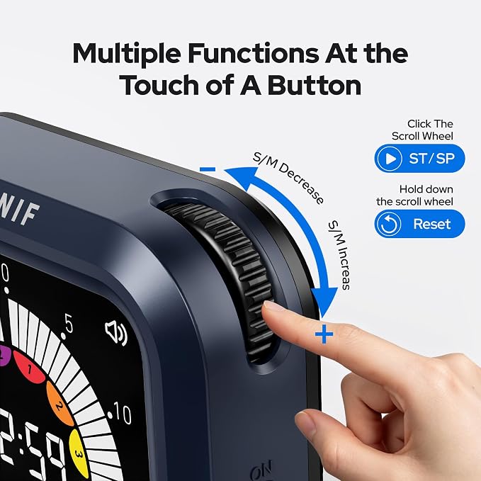 Visual Timer for Kids with Color Display Kitchen Timer 1500mAh Battery | Memory Function Scroll Wheel Control, Magnetic Back with Stand, Up to 12h59m Countdown, Kitchen, Study & Classroom