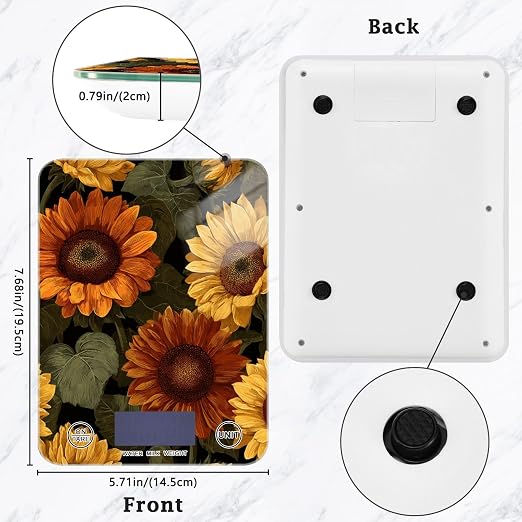 Food Scale Kitchen Digital Scale Food Ounces and Grams Dieting Baking Cooking Waterproof Glass Panels LCD Display,4 Units Scale Tare Function Sunflower
