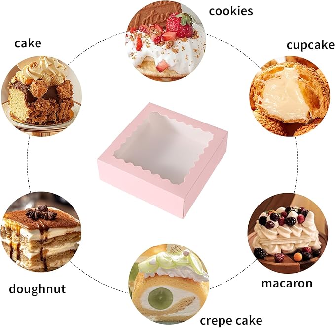 24 pcs Pink Pie Boxes,12x12x3 Inch Auto-Popup Bakery Boxes with Window Donuts Chocolate Muffins Donuts Pastry Dessert Cookie Box For Packaging