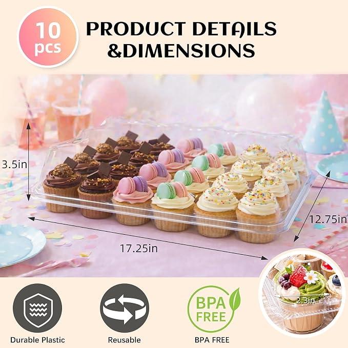 WIKDAY (24 Count x 10 Sets Plastic Cupcake Containers with Liners, Clear Cupcake Holder with Lids, Disposable Cupcake Carrier for Bakery, Cupcake Storage Box for Parties, Bake Sale Packaging