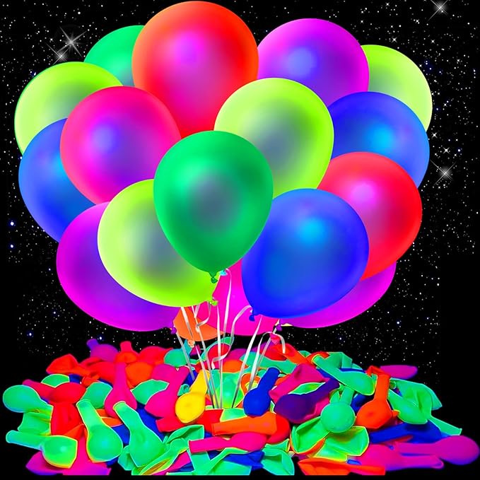 120 Pcs UV Neon Balloons, 7 Colors Blacklight Reactive Fluorescent Balloons Glow in the Dark Birthday Decorations for Birthday, Wedding, Neon Party, Glow Party Decorations Supplies