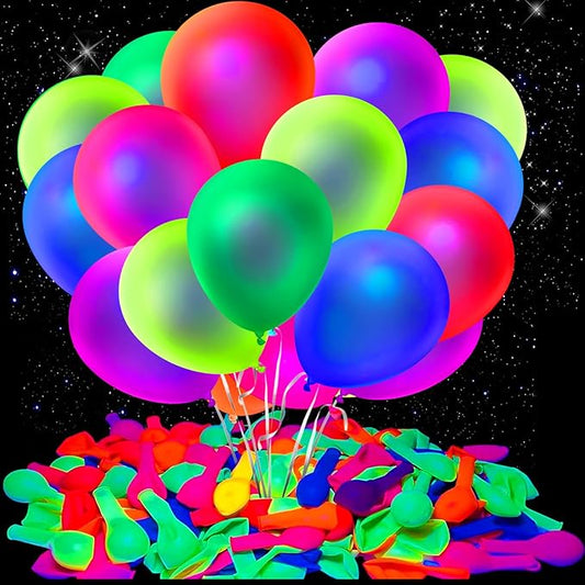 120 Pcs UV Neon Balloons, 7 Colors Blacklight Reactive Fluorescent Balloons Glow in the Dark Birthday Decorations for Birthday, Wedding, Neon Party, Glow Party Decorations Supplies
