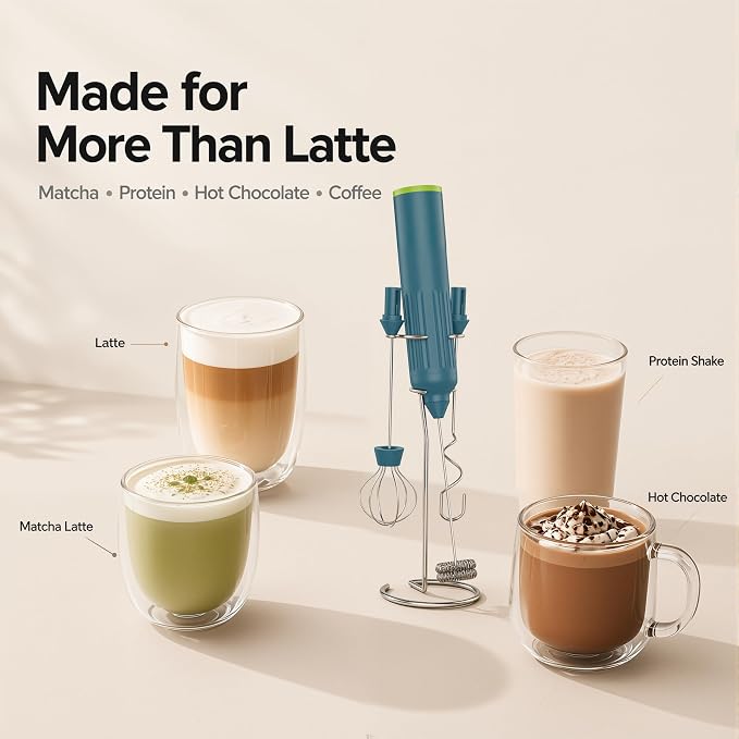 Milk Frother Handheld with 3 Stainless Steel Whisks, Rechargeable Electric Drink Mixer with Stand & Travel Case, Milk Foamer for Coffee, Latte, Cappuccino, Hot Chocolate, Egg,Jam Supplement-Green