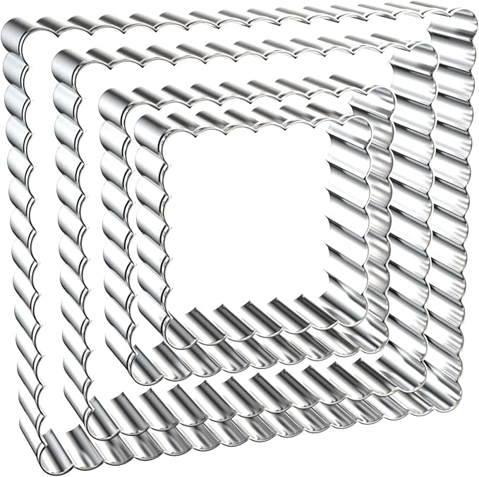 Scalloped Square Cookie Cutter Set - 5 Inch, 4 Inch, 3 Inch, 2 Inch - Fluted Edge Wavy Square Plaque Cookie Cutters Shapes Biscuit Molds - Stainless Steel