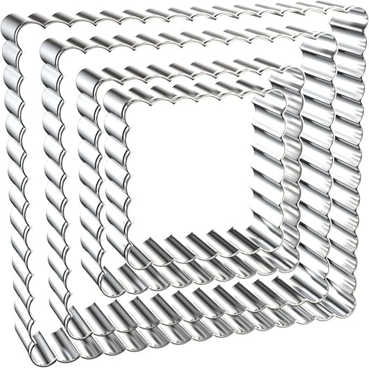 Scalloped Square Cookie Cutter Set - 5 Inch, 4 Inch, 3 Inch, 2 Inch - Fluted Edge Wavy Square Plaque Cookie Cutters Shapes Biscuit Molds - Stainless Steel