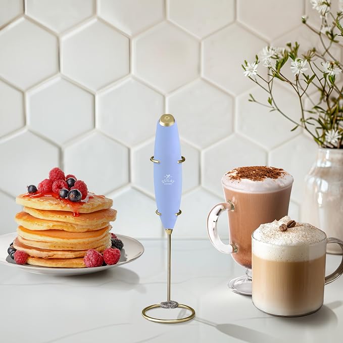 Zulay Kitchen Powerful Milk Frother Wand With Duracell Batteries - Ultra Fast Handheld Drink Mixer - Electric Whisk Foam Maker for Coffee, Lattes, Cappuccino & Matcha - Z1 Motor - Blue & Gold