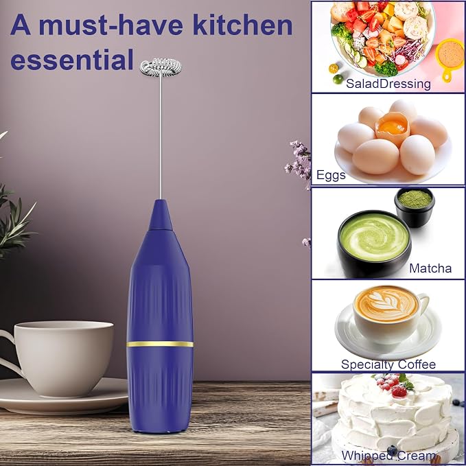 Blue Milk Frother Handheld | Standable No Stand Needed, Battery Operated, Detachable Whisk, Easy Clean, Compact Portable