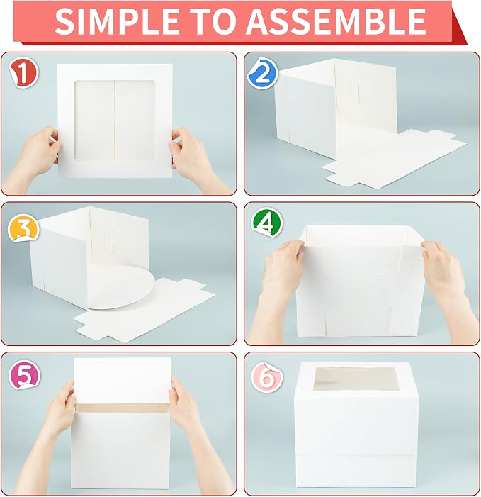 Large Baking Boxes,Set of 10 12x12x8 Inch with Window and 10 Cake Boards,Stikers and Ribbon,Square Cardboard Cake Boxes for Multi-Layer Cakes