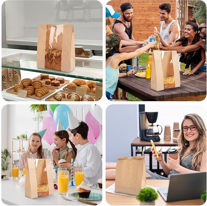 60 pack bread paper bags with window, including 60 homemade bread storage label seal stickers (13.7x8.3x3.5 inches)