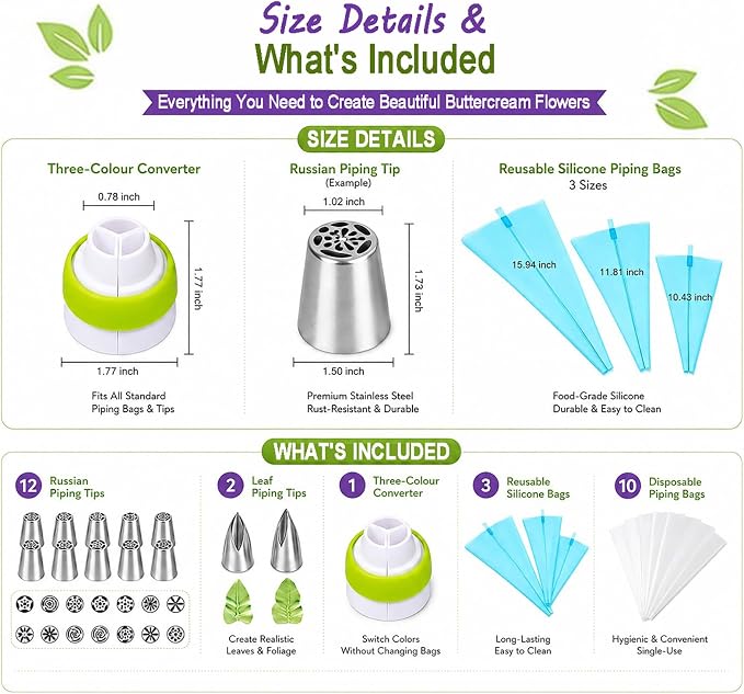 Stainless Steel Russian Piping Tips Set, Extra Large Flower Icing Nozzles, Cupcake Frosting Supplies with Leaf Tips, Couplers, Disposable Pastry Bags, Reusable Piping Bag (Silver,13 PCS)
