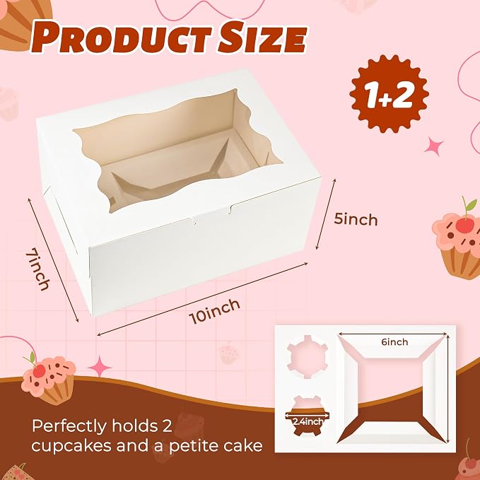 NPLUX 4 Packs 1+2 Bento Cake and Cupcake Box Bento Box with Clear Window Fit 2 Cupcakes and 1 Mini Cake for Packaging Gift Baked Goods