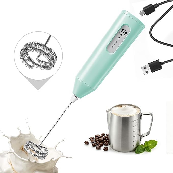 Puraville Rechargeable Electric Milk Frother Handheld, 3 Speeds Electric Whisk Drink Mixer, Type-C Charging BPA Free for Coffee, Latte, Cappuccino, Egg,Cream, Light Green