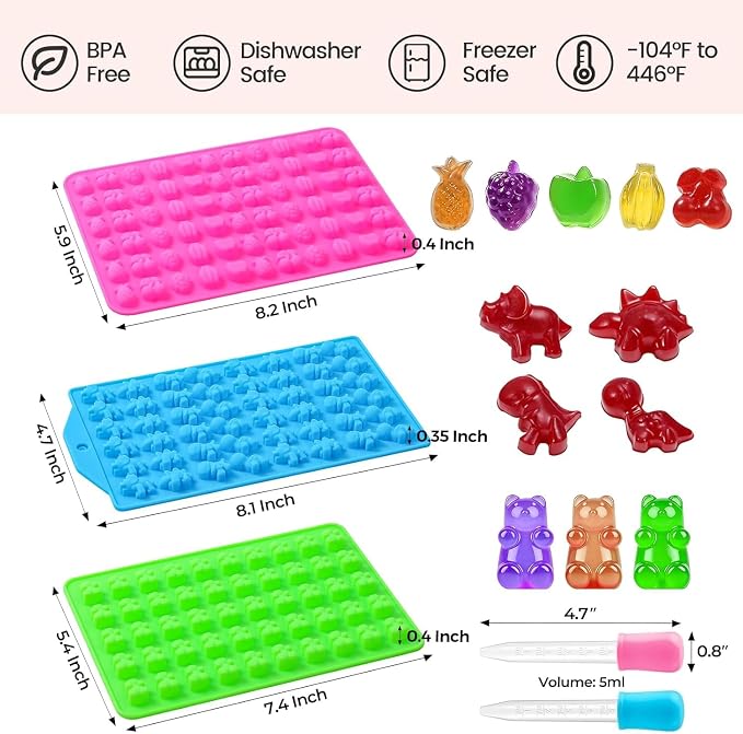 Gummy Candy Molds with 2pcs Droppers, Silicone Bear Dinosaur Fruit Snack Molds, Non-stick Silicone Chocolate Molds for Gummies Candy Chocolate Baking