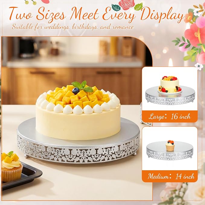Wenqik 2 Pack Cake Stand Set, 14/16 Inch Metal Round Cupcake Dessert Stand Decorative Elegant Cake Display for Weddings Party Birthday Baby Showers Anniversary(Classic Floral,Silver)
