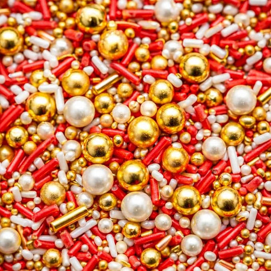 Confect Red, White & GRed White Gold Sprinkle Mix – Bake Stable Non Bleeding Edible Pearls & Metallic Dragees for Cake Decorating, Cupcakes, Cookies & Desserts (4.2 oz)