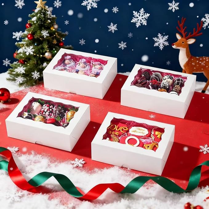 8 Pcs 8"x6"x2.5" White Pastry Boxes with Window, Gift-Ready for Chocolate Strawberries, Cookies, Macarons, Donuts, Truffles, Ores Or Other Holiday Treats Fit the Size