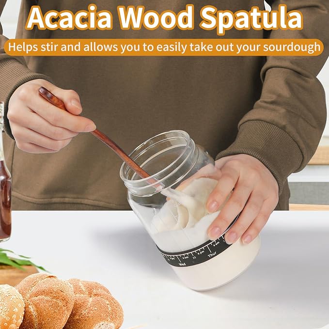 Kmise 2 Pack Sourdough Starter Jar Glass, 34 Oz Wide-mouth Sourdough Starter Jar Kit W/Acacia Spatula, Cholkboard Sign, Thermometer, Feeding Band, cloth cover,Reusable Sourdough Bread Baking Supplies