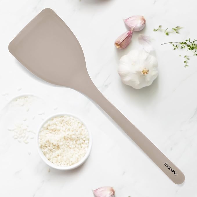 GreenPan Silicone Solid Turner Spatula, Flipping Cooking Kitchen Utensil, Flexible Rubber Nonstick Cookware, Rigid Steel Core, Heat-Resistant, Anti-Slip Handle, BPA-Free, Dishwasher Safe, Taupe