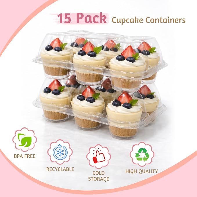 WIKDAY 6 Count Cupcake Containers with Lids, 15 Pack Stackable cupcake holders Clear Plastic Dessert Boxes for 90 Cupcakes, Muffins
