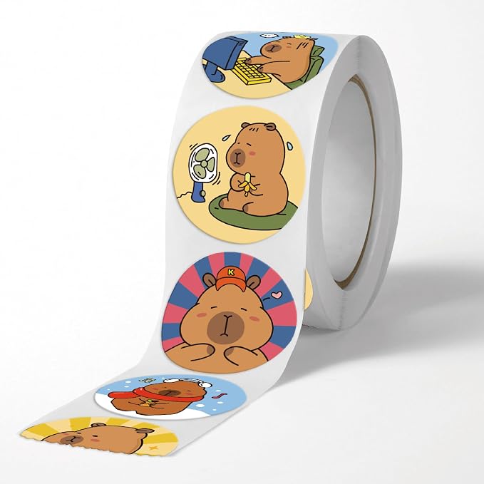 500PCS Capybara Stickers Cute Brown Cartoon Animal Stickers 1 Inch Round Roll for Classroom Prize Party Favors Water Bottle Laptop Luggage Helmet(Capybara)