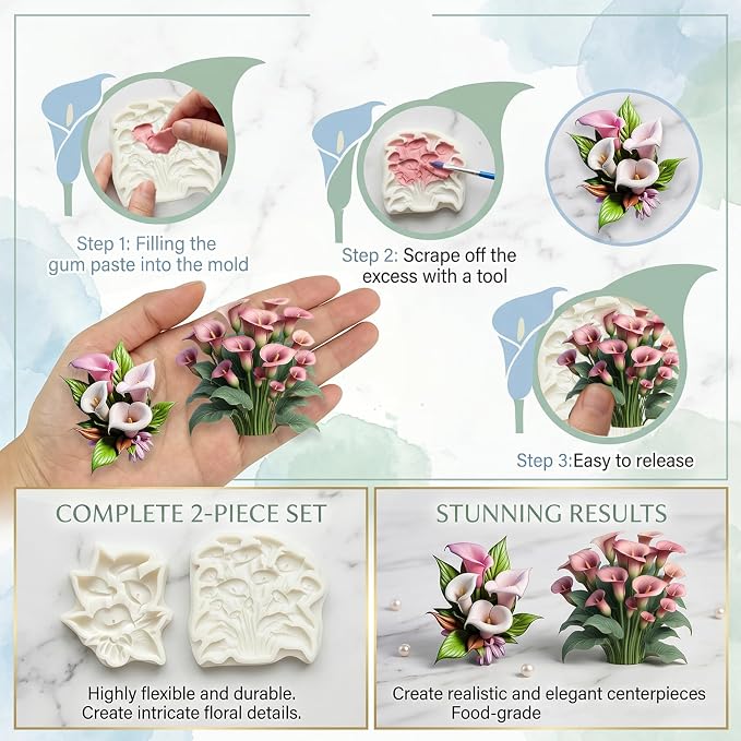 2Pcs Calla Lily Silicone Mold Set Flower Floral Bouquet Cake Decorating Fondant Molds for Wedding Cupcake Toppers Baking Chocolate Candy Dessert Botanical Resin Supplies Soap Polymer Clay