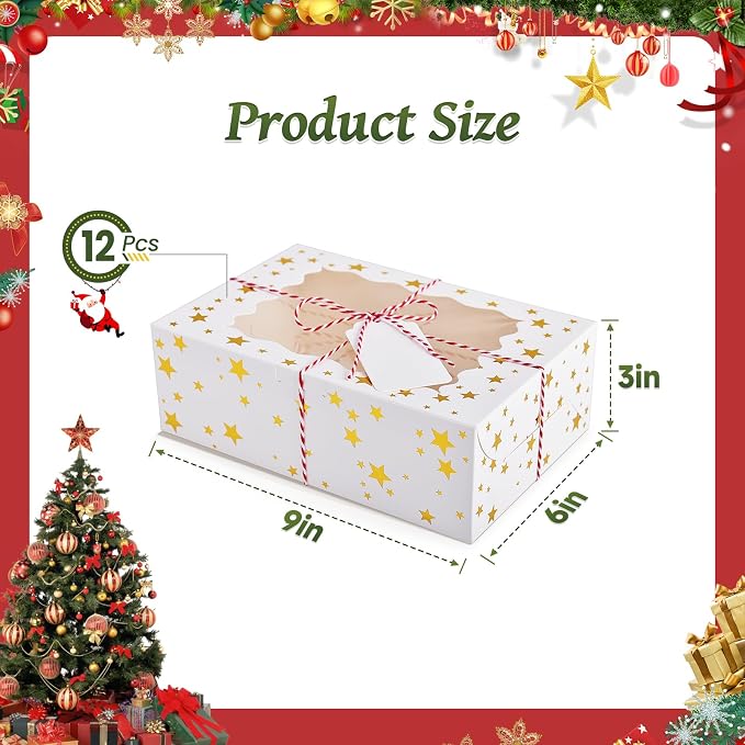 12Pcs 9"x6"x3" Christmas Cookie Boxes with Window, White Bakery Boxes for Cookie, Treat Boxes Pastry Boxes for Gift Giving, Chocolate Covered Strawberries, Dessert, Donut, Cupcakes Muffins