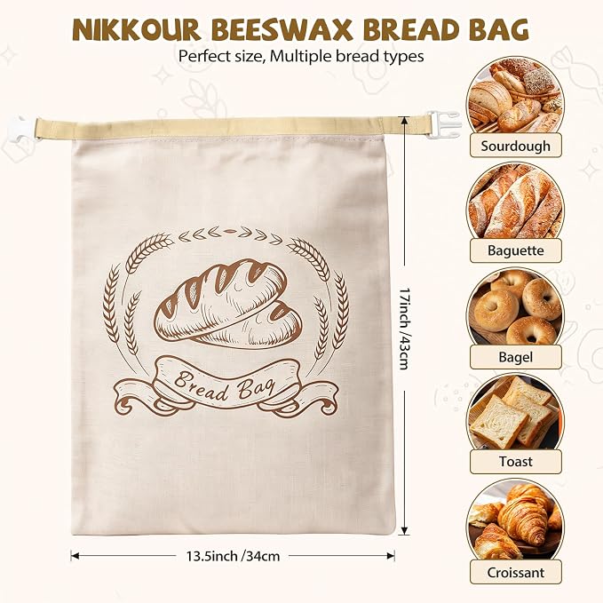 Large Linen Beeswax Bread Bags(2 Pack) Sourdough Bread Bags Reusable Double-Lock Freezer Baking Container Gift Giving for Homemade,Loaf,Sourdough,Food Storage (Artisan Bread Sketch Print, 2Pack)