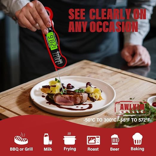 AWLKIM 2 Pack Digital Meat Thermometer, Instant Read Thermometer, Red | 2-pack grill and kitchen thermometers with backlit displays and magnetic storage
