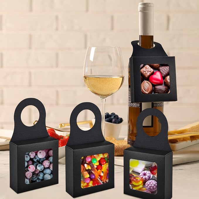 Mototo 30 PCS Kraft Paper Wine Bottle Boxes with Transparent Window Hanger Foldable Wine Bottle Empty Gift Boxes with Hanger for Valentines Christmas Candy Truffles Chocolate Cookies Packing, Black