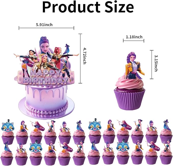 25 Pcs Anime Cake Decorations, Cute Happy Birthday Cake Toppers, You Will Receive 1 Cake Topper and 24 Cupcake Decorations.